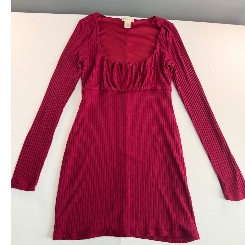 Altar'd State Mini Dress Womens XL Red Ribbed Long Sleeve Empire Waist Boho Sexy